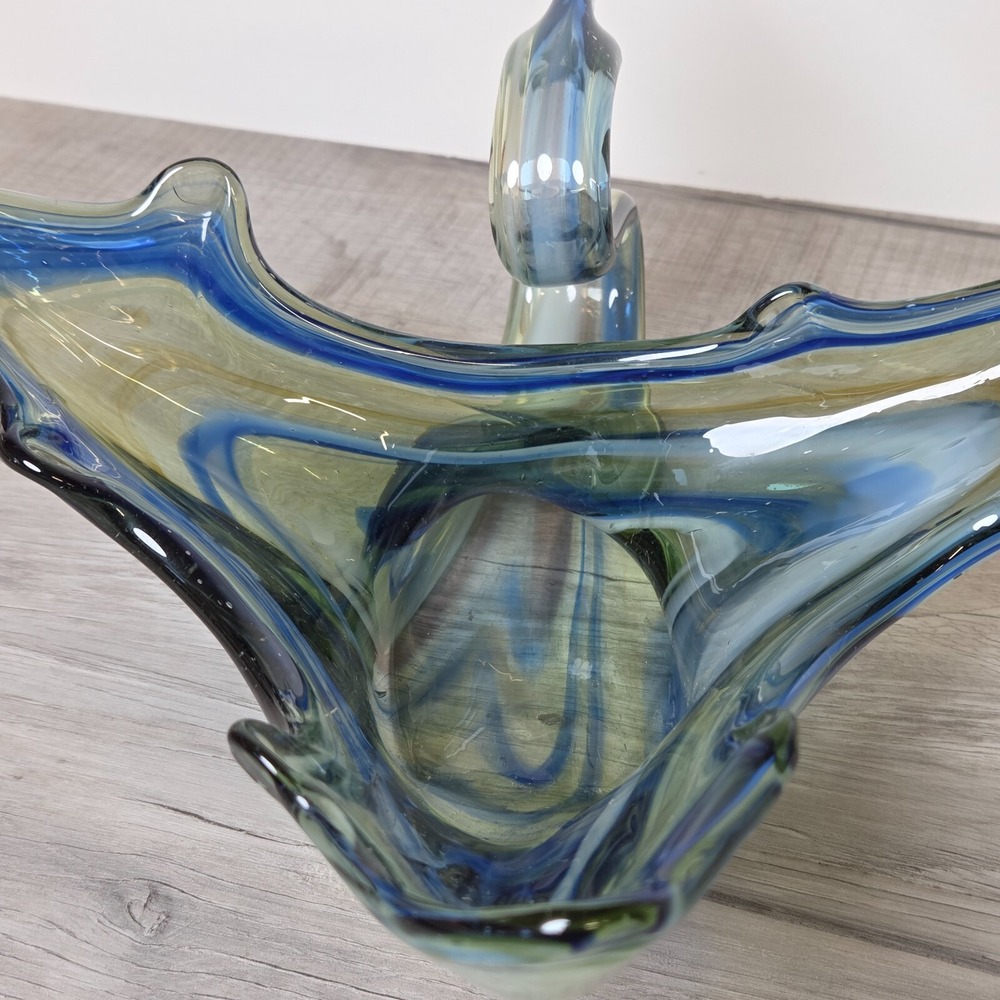 Vintage Hand Blown Blue Swirl Sooner Art Glass Swan Bowl 14" Long Large - Picture 4 of 12